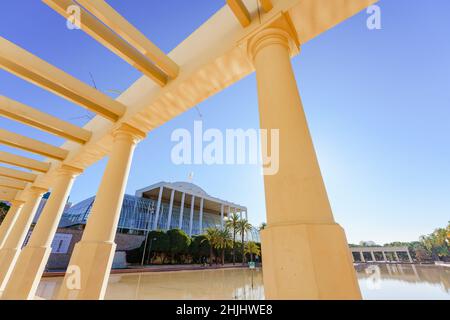 Valencia, Spain. January 28, 2022. Public city park in Turia River gardens designed by Spanish famous architect Ricardo Bofill Sr Stock Photo