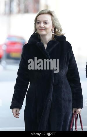 Foreign secretary, Liz Truss arrives at BBC Broadcasting House, London, to appear on the BBC One current affairs programme, Sunday Morning. Picture date: Sunday January 30, 2022. Stock Photo