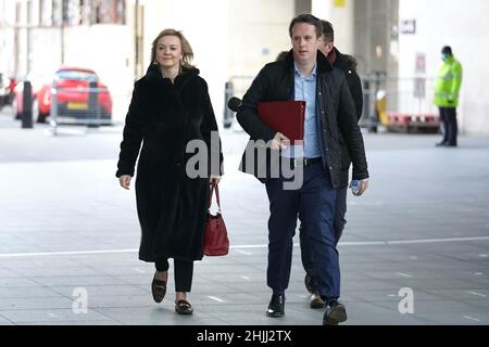 Foreign secretary, Liz Truss arrives at BBC Broadcasting House, London, to appear on the BBC One current affairs programme, Sunday Morning. Picture date: Sunday January 30, 2022. Stock Photo