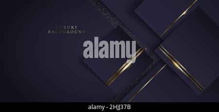 3D modern luxury template design purple triangles and golden glitter stripes line light sparking on dark background. Vector graphic illustration Stock Vector