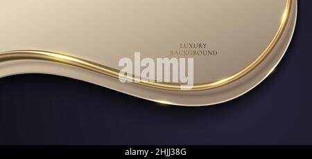 Elegant modern luxury template design white and brown wave shape and 3D golden glitter curved line with light sparking on dark purple background. Vect Stock Vector