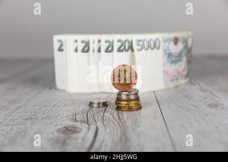 Czech banknotes and coins arranged on the table. Financial concept.Financial concept in Czech currency. business, finance, saving and cash concept - c Stock Photo