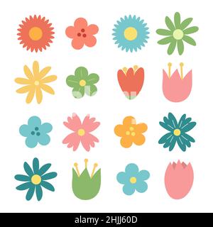 Set of hand drawn flower icons isolated on white. Cute cartoon design in bright colors for stickers, labels, tags, gift wrapping paper Stock Vector