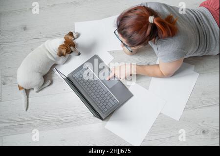 A woman lies on her stomach on the floor and is typing on a laptop. Girl freelancer works remotely from home with a puppy. Jack Russell Terrier next Stock Photo