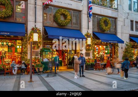 View of Christmas decorations and shops on New Bond Street at Christmas, London, England, United Kingdom, Europe Stock Photo