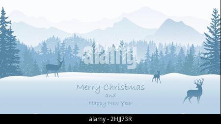 Winter landscape Christmas card. Deer, fawn, doe in snow, forest and mountains in the background. Magical misty nature, wildlife. Merry Christmas. Stock Vector