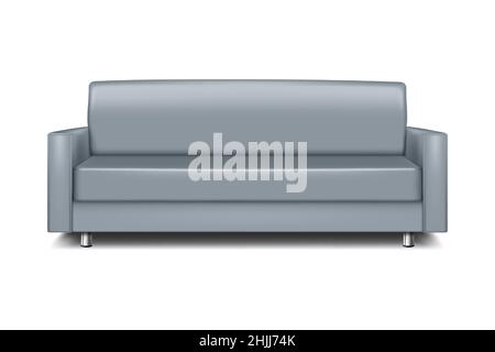 Gray modern sofa - realistic vector illustration. Grey leather couch with metal legs Stock Vector