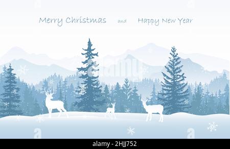 Winter landscape Christmas card. Deer, fawn, doe in snow, forest and mountains in the background. Magical misty nature, wildlife. Merry Christmas. Stock Vector