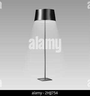 Floor lamp with black lampshade. Modern interior light. Realistic vector illustration Stock Vector