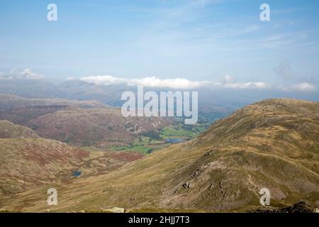 View along Greenburn toward Little Langdale and Little Langdale Burn from the summit of Swirl How near Coniston The Lake District England Stock Photo