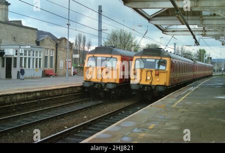 Class 308 Electric Multiple Units at Shipley Station on the service between Bradford and Ilkley in the late 1990's after electrification of the line Stock Photo