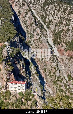 Aerial view of the famous monastery of Holy Mary near the mountainous village of Prousos, in Evritania region, Central Greece, Europe Stock Photo