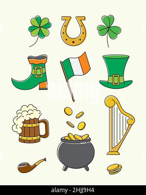 Bright line art set of clover, pot, coins, flag, shoes, ale. St Patricks day symbols collection Stock Vector