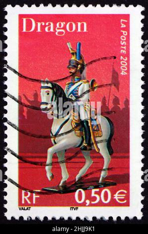 FRANCE - CIRCA 2004: a stamp printed in France shows Figurine of Dragoon, Napoleon I and the Imperial Guard, circa 2004 Stock Photo