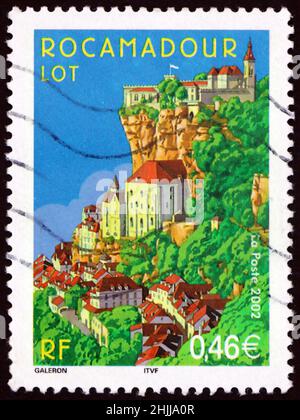 FRANCE - CIRCA 2002: a stamp printed in France shows Rocamadour, is a commune in the Lot department in Southwestern France, circa 2002 Stock Photo