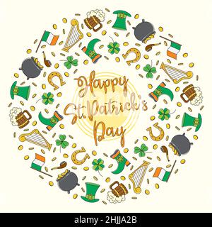 Bright line art round wreath of St Patricks day symbols happy St Patricks day congratulations Stock Vector