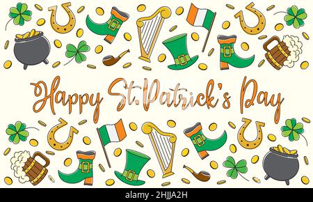 Bright line art illustration of St Patricks day symbols. Background with irish icons Stock Vector
