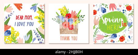 Happy Women's Day March 8. Mothers Day. Cute cards and posters for the spring holiday. Vector illustration of a date, a women and a bouquet of flowers Stock Vector