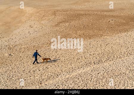 Aerial view of a person walking the dog on a leash at the beach Stock Photo