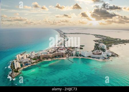 View of beautiful Hotels in the hotel zone of Cancun at sunset. Riviera Maya region in Quintana roo on Yucatan Peninsula Stock Photo
