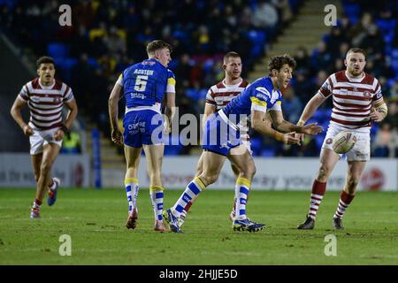 Warrington, England - 29 January 2022 - Stefan Ratchford of Warrington Wolves launches attack during the Rugby League Betfred Super League Friendly Warrington Wolves vs Wigan Warriors at Halliwell Jones Stadium, Warrington, UK  Dean Williams Stock Photo