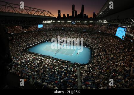 Melbourne, Australia. 30th Jan, 2022. Rafael Nadal of Spain and Daniil Medvedev of Russia compete during the men's singles final match at Australian Open in Melbourne Park, in Melbourne, Australia, on Jan. 30, 2022. Credit: Bai Xuefei/Xinhua/Alamy Live News Stock Photo