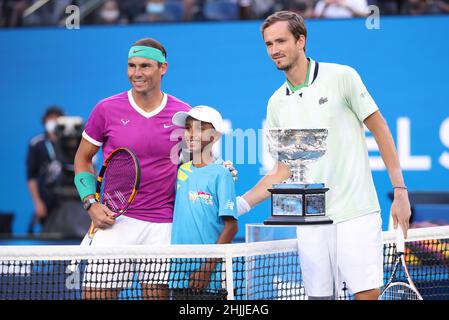 Melbourne, Australia. 30th Jan, 2022. Rafael Nadal of Spain (L) and Daniil Medvedev of Russia pose for photos before their men's singles final match at Australian Open in Melbourne Park, in Melbourne, Australia, on Jan. 30, 2022. Credit: Bai Xuefei/Xinhua/Alamy Live News Stock Photo