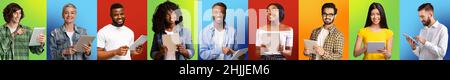 Collage of photos with different people holding digital tablets over colorful backgrounds Stock Photo