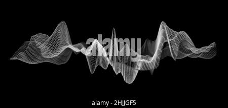 Wireframe waveform on black background, visualization of abstract white sound waves or acoustic equalizer concept Stock Photo