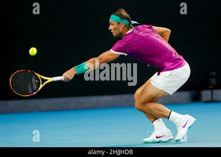 Melbourne, Australia. 30th. Jan., 2022. Spanish tennis player Rafael Nadal in action during the Australian Open  tournament at  Melbourne Park on Sunday 30 January 2022. © Juergen Hasenkopf / Alamy Live News Stock Photo