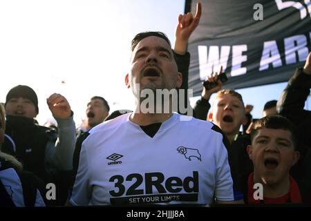 Derby, UK. 30th Jan, 2022. Derby fans chant against owner Mel Morris outside the ground. EFL Skybet Championship match, Derby County v Birmingham City at Pride Park stadium in Derby on Sunday 30th January 2022. this image may only be used for Editorial purposes. Editorial use only, license required for commercial use. No use in betting, games or a single club/league/player publications. pic by Steffan Bowen/Andrew Orchard sports photography/Alamy Live news Credit: Andrew Orchard sports photography/Alamy Live News Stock Photo