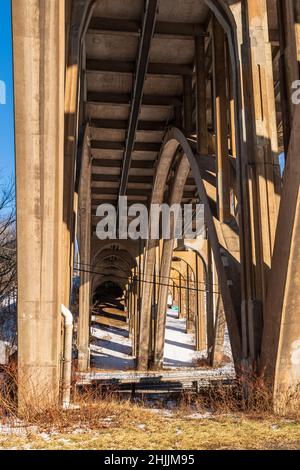 The underside of the Parkway East, state route 376. bridge over Commercial Street in Frick Park located in Pittsburgh, Pennsylvania, USA Stock Photo