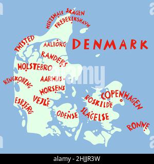 Vector hand drawn stylized map of Denmark cities. Travel illustration. Kingdom of Denmark geography illustration. Europe map element Stock Vector