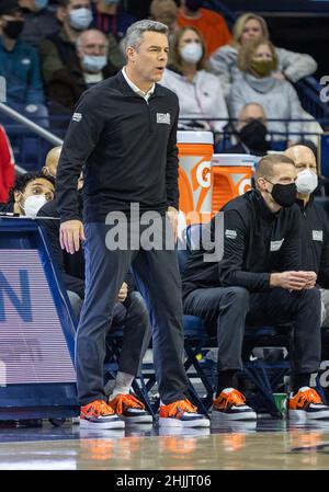 South Bend, Indiana, USA. 29th Jan, 2022. Virginia head coach Tony Bennett during NCAA Basketball game action between the Virginia Cavaliers and the Notre Dame Fighting Irish at Purcell Pavilion at the Joyce Center in South Bend, Indiana. Notre Dame defeated Virginia 69-65. John Mersits/CSM/Alamy Live News Stock Photo