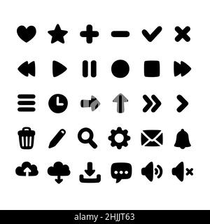 Set of hand drawn cartoon interface icons for web, app or game. Simple and cute plump rounded style. Navigation, multimedia, settings. Stock Vector