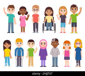 Cute cartoon diverse children group. Kids of different countries and skin color, disabled child inclusion. Vector clip art illustration set. Stock Vector