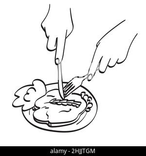 hand holding fork and knife to eat steak illustration vector hand drawn isolated on white background line art. Stock Vector