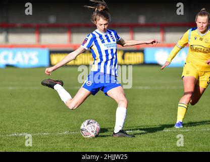 Crawley, UK. 30th Jan, 2022. Ellie Brazil of Brighton and Hove Albion crosses the ball during the FA Women's Super League match between Brighton & Hove Albion Women and Reading Women at The People's Pension Stadium on January 30th 2022 in Crawley, United Kingdom. (Photo by Jeff Mood/phcimages.com) Credit: PHC Images/Alamy Live News Stock Photo