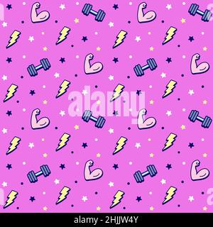 Cartoon fitness weightlifting pattern with dumbbells, lightning bolts and flexing biceps. Cute hand drawn doodles, bright comic style. Vector seamless Stock Vector