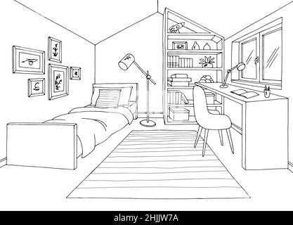 Children room graphic black white home interior sketch illustration vector Stock Vector