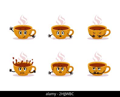 Cartoon vector yellow cup of hot tea emotions pack. Small cozy ceramic cup character sticker Stock Vector