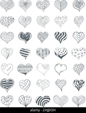 Set of icons of hearts for the holiday of Valentine's Day. Doodle elements. Stock Photo