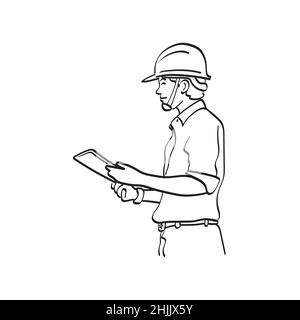 side view half length mechanical engineer worker working tablet computer illustration vector hand drawn isolated on white background line art. Stock Vector