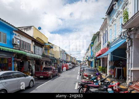 Phuket, Thailand - December 2021: Phuket Old Town street view with colorful buildings in the historic Phuket Town. Stock Photo