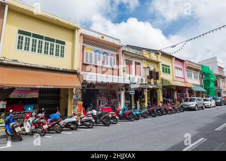 Phuket, Thailand - December 2021: Phuket Old Town street view with colorful buildings in the historic Phuket Town. Stock Photo