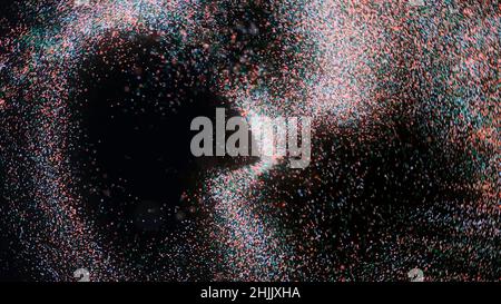 Vortex of multi-colored particles. Animation. Swirl of many colored particles move as if in mixer. Colorful dust motes fly like in mixer on black back Stock Photo