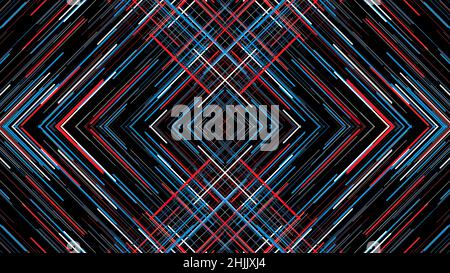 Pattern of lines with interference on black background. Animation. Triangular mirror pattern of colored lines intersects with interference on black ba Stock Photo