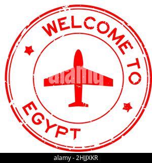 Grunge red welcome to Egypt word with airplane icon round rubber seal stamp on white background Stock Vector