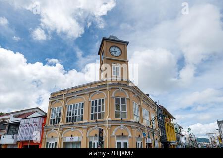 Phuket, Thailand - December 2021: Phuket Town Clock Tower in Phuket Old Town, Thailand. A landmark of Phuket old town, a popular tourist area. Stock Photo