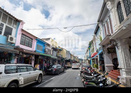 Phuket, Thailand - December 2021: Phuket Old Town street view with colorful buildings in the historic Phuket Town. Stock Photo